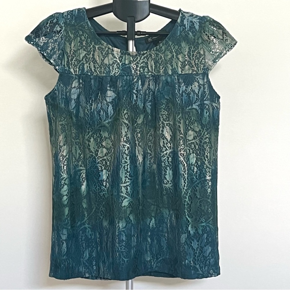 INC International Concepts Women’s Short Sleeve Teal/Green Lace Top Size Medium
